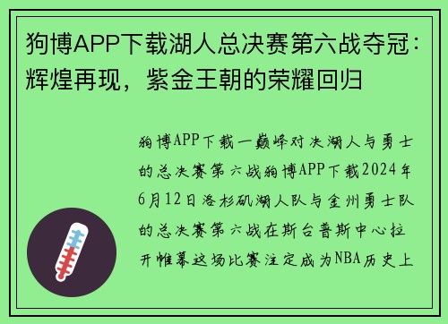 狗博APP下载湖人总决赛第六战夺冠：辉煌再现，紫金王朝的荣耀回归