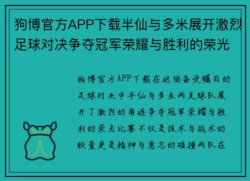 狗博官方APP下载半仙与多米展开激烈足球对决争夺冠军荣耀与胜利的荣光